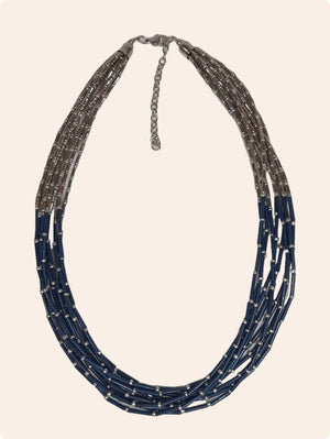 Beaded Cluster Necklace in Blue and Silver Colour