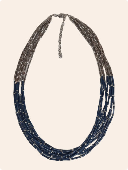 Beaded Cluster Necklace in Blue and Silver Colour